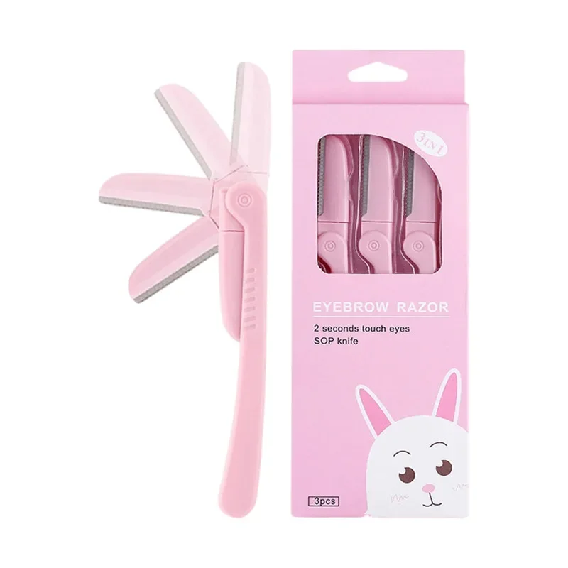 3 unids/set recortador de cejas plegable rosa, maquinilla de afeitar para el pelo de las axilas, afeitadora moldeadora de cejas, cuchillas de acero inoxidable, herramientas de maquillaje