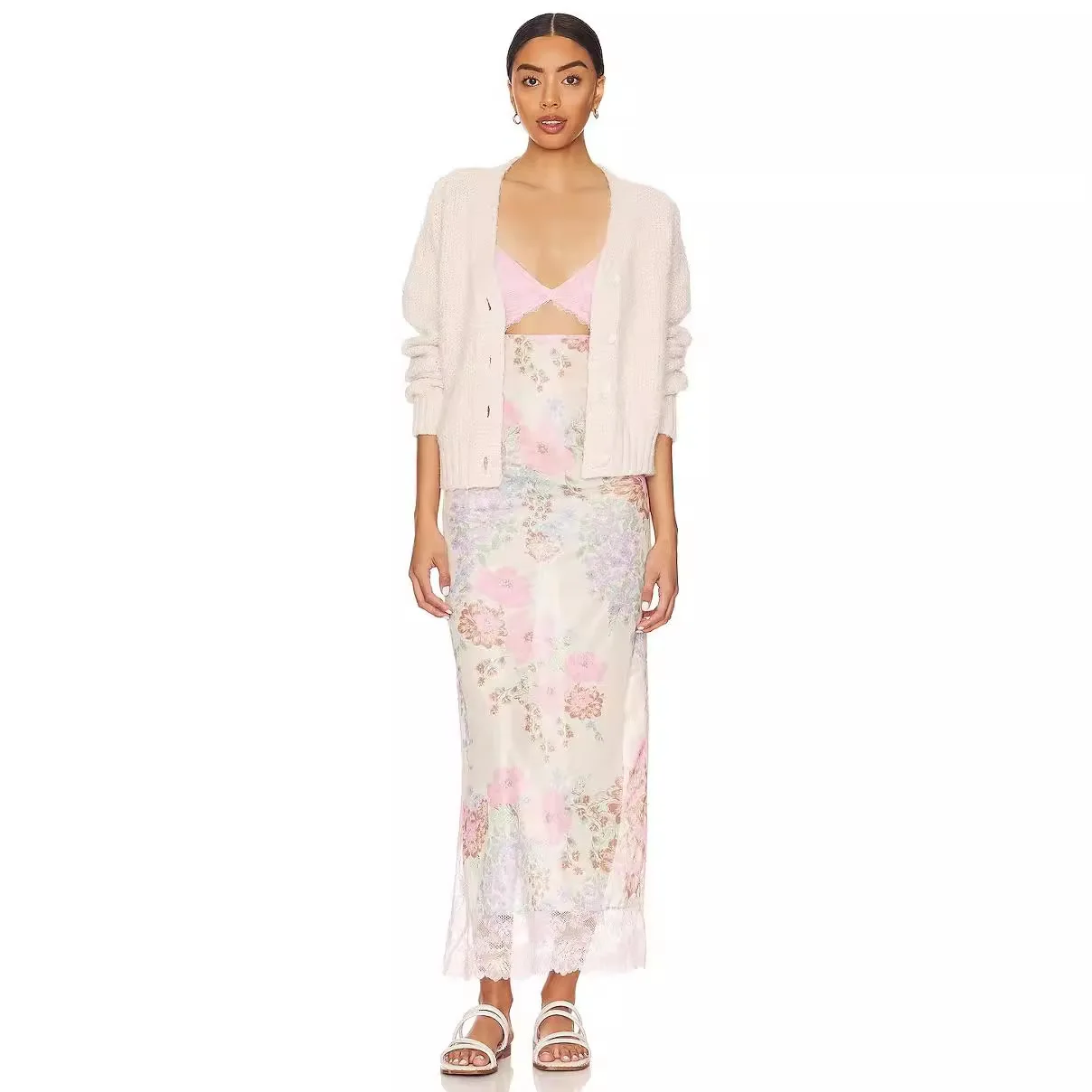 

Women's Slim-Fit Sleeveless Lace Dress, Printed Flower, Backless, Summer, 2024