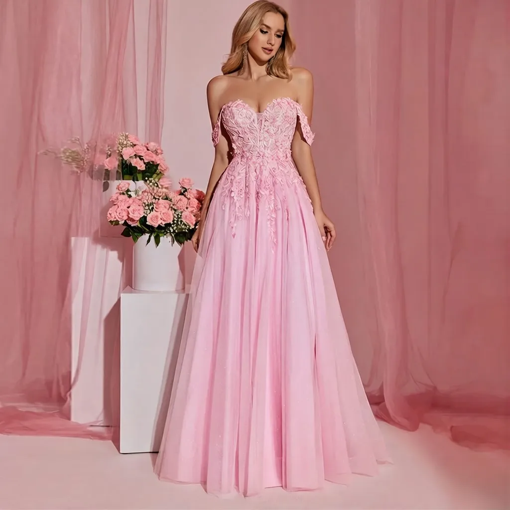 

A-Line pink Off the Shoulder Evening Dress Customized Tulle Elegant Floor Length Celebrity Gowns Lace Up Back Party Dress