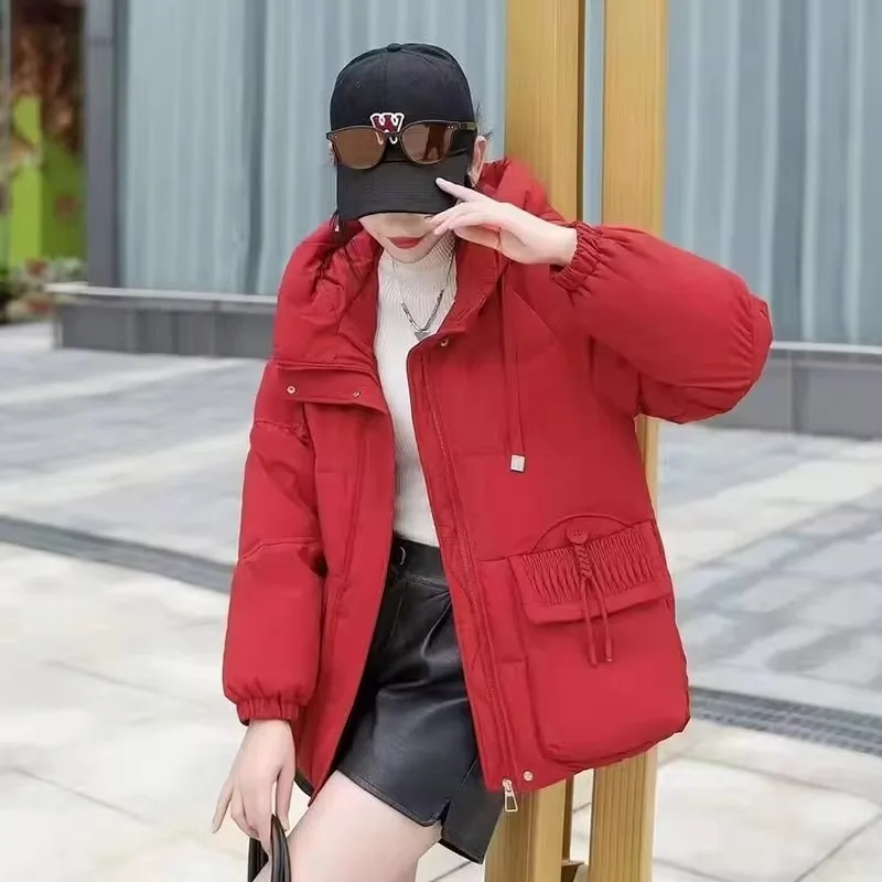 Korean Style Hooded Parkas Women Winter Solid Simple Basic Leisure All-match Warm Loose Cozy Pockets Design Streetwear Female