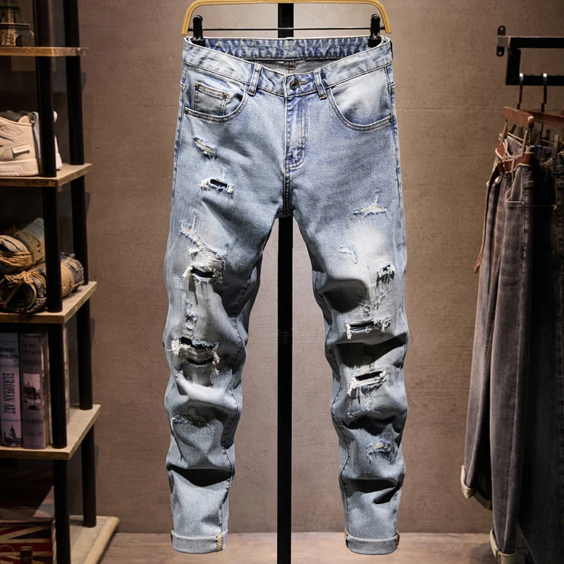 Street Style Fashion Designer Men Jeans Retro Light Blue Stretch Slim Fit Ripped Jeans Men Hole Patched Vintage Denim Pants