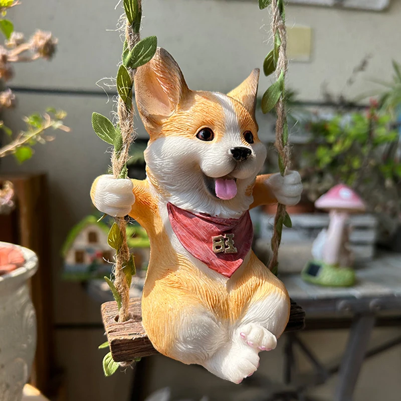 Columpio de 15x10CM para cachorro Corgi, adorno bonito para jardín, estatua colgante para exteriores, decoración de Patio, manualidades