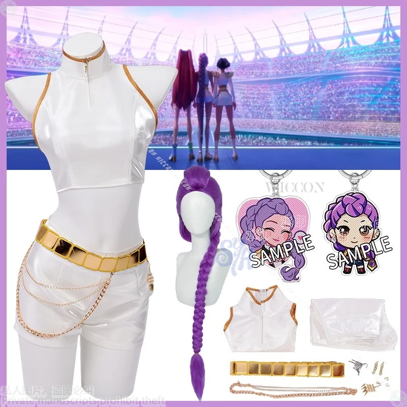 أنيمي Kpop شيطان تأثيري رومي الذهبي المرحلة المعبود كوريا موحدة الأبيض فستان قصير بلا أكمام أعلى الباروكات هالوين حفلة عيد الميلاد كوس