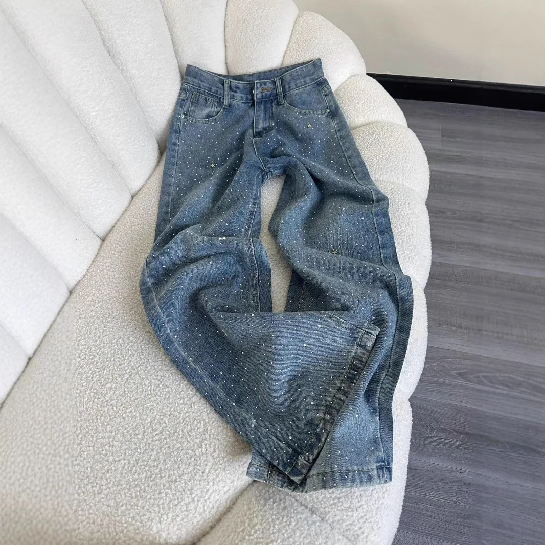 

Джинсы женские джинсы прямые широкие брюки с высокой талией и карманами с бриллиантами потертые винтажные брюки лето 2025 уличная одежда