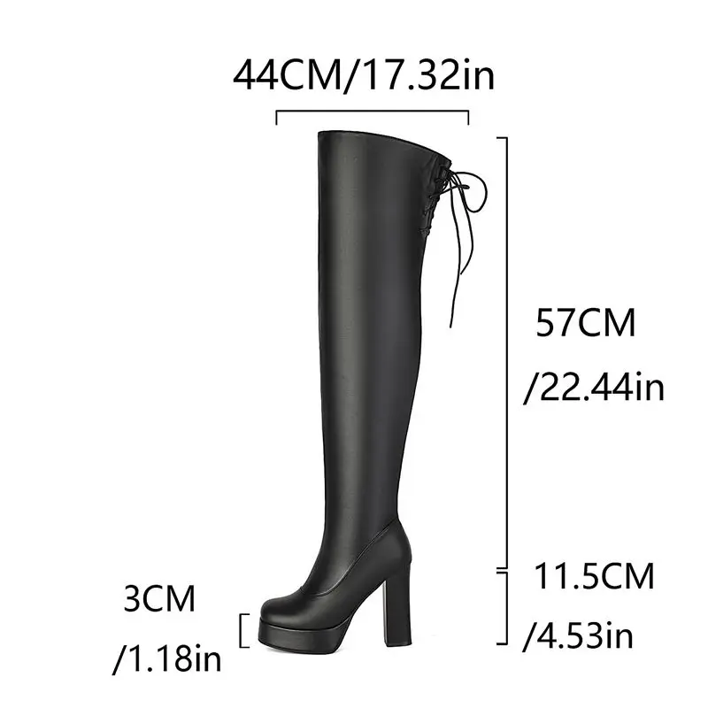 REAVE CAT Women Thigh Boots Square Toe 11.5cm Block Heel 3cm Platform Zipper Big Size 46 47 48 Silver Black Over Knee High Botas