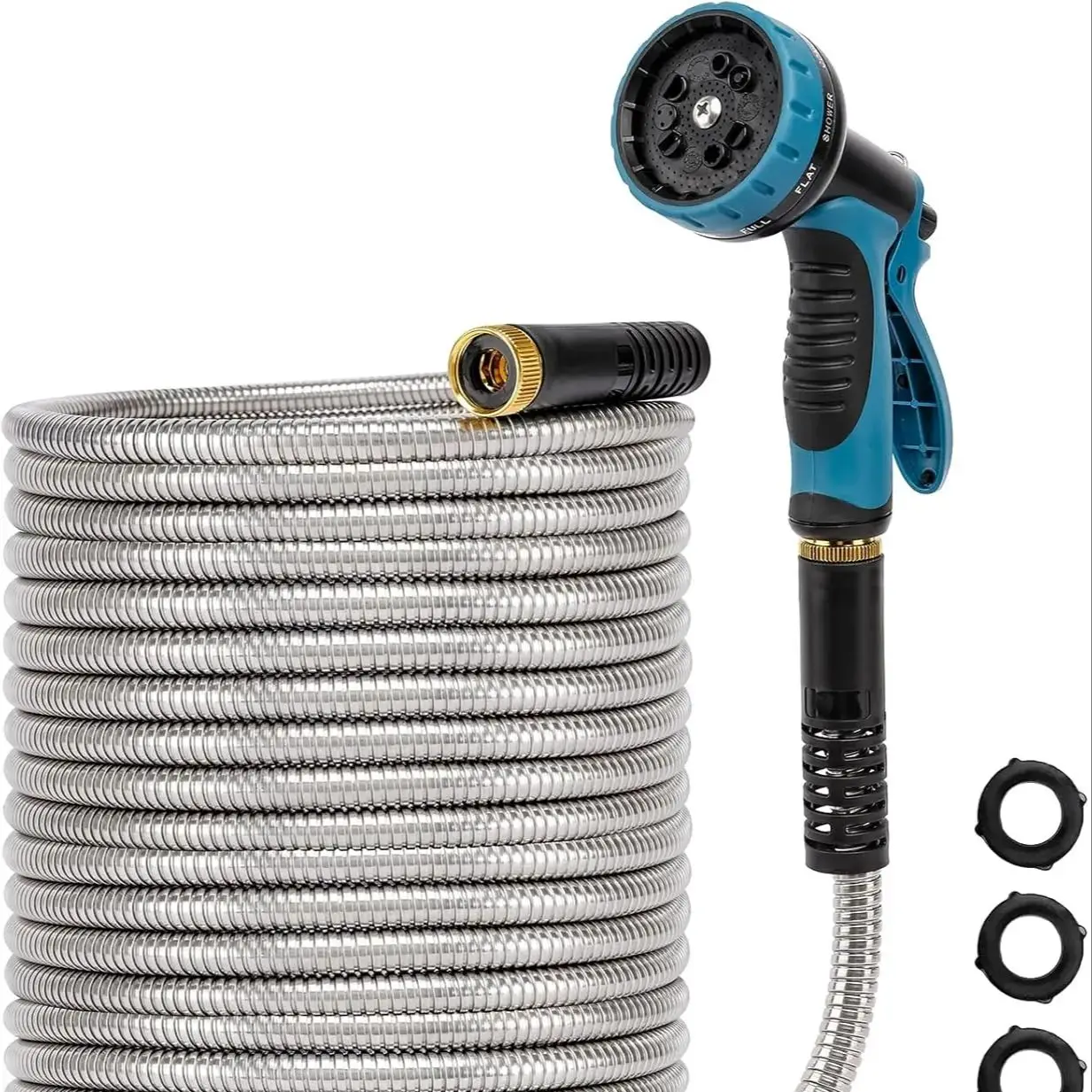 

Stainless Steel Heavy Duty Water Hose with 10 Function Nozzle Flexible, Lightweight, No-Kink, Pet Proof, Puncture Proof Metal H