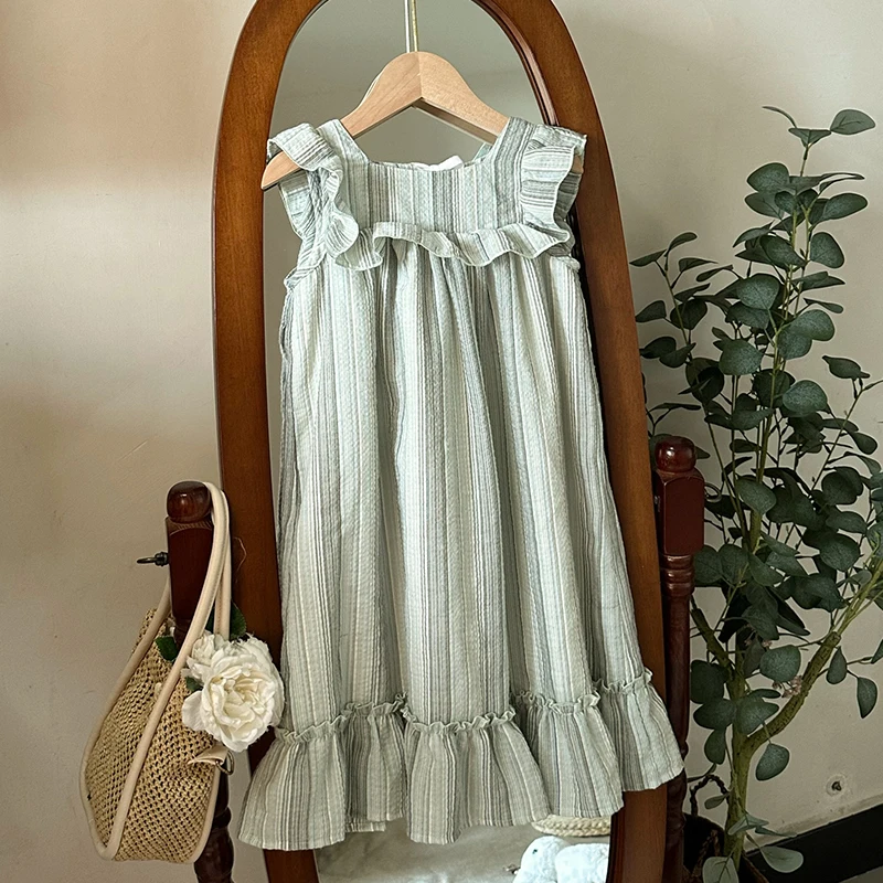 

Girl's Sweet Ruffled Striped Dress Summer New Children Cotton Linen Sleeveless Lace Collar Vacation Princess Dresses