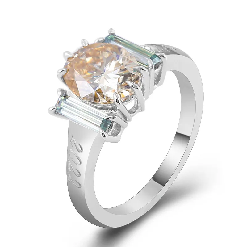 Provence 14K White Gold Three Stone Ring With 7*9mm Oval Champagne Moissanite Diamond For Women Customizable Engraving Gift