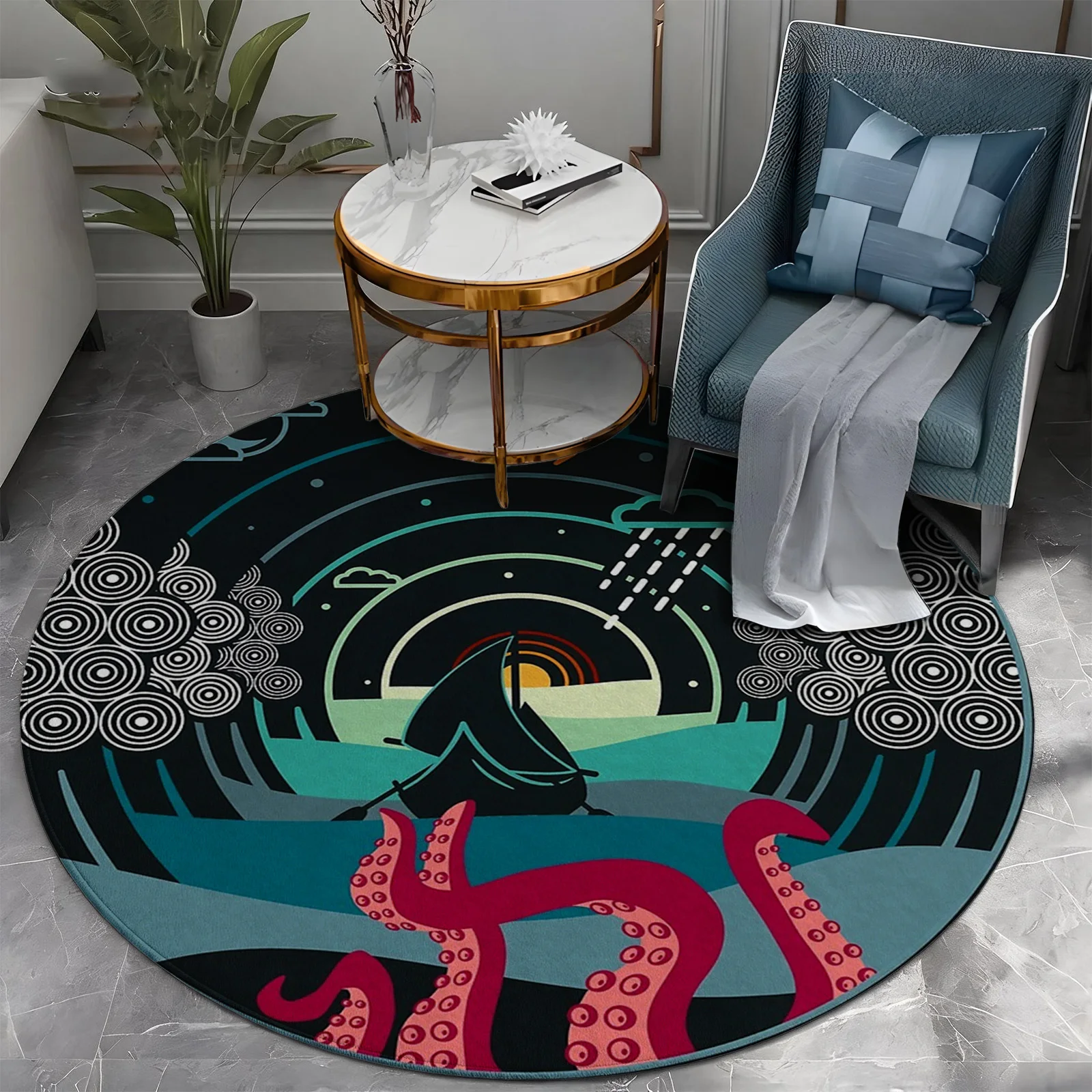 Large Round Coastal Area Rug Beach Wave Ocean Decor Mat Nautical Sea Life Throw Carpet for Living Room and Bedroom Modern Home S - view 5