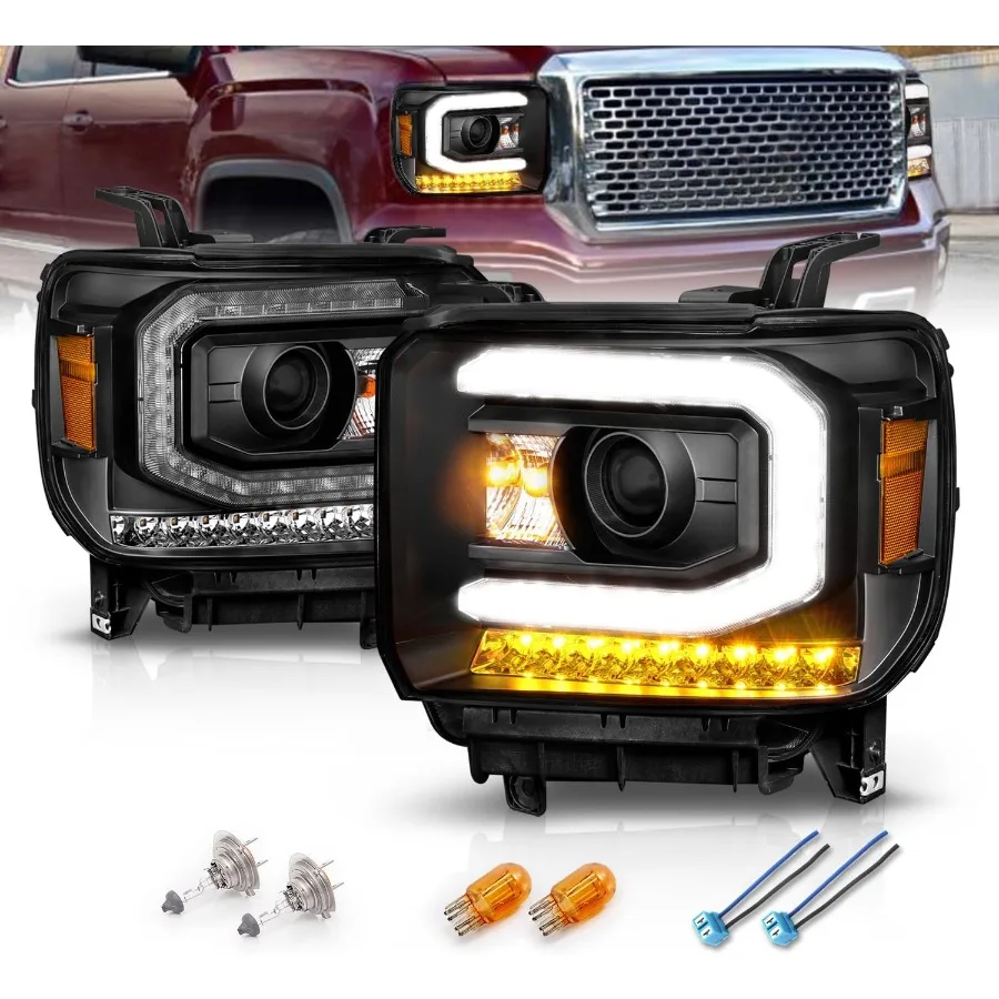 

Для 2014-2019 GMC Sierra 1500 2500HD 3500HD светодиодный DRL типа черный светодиодный трубчатый проектор, сменные фары, пара с улучшенным Visi