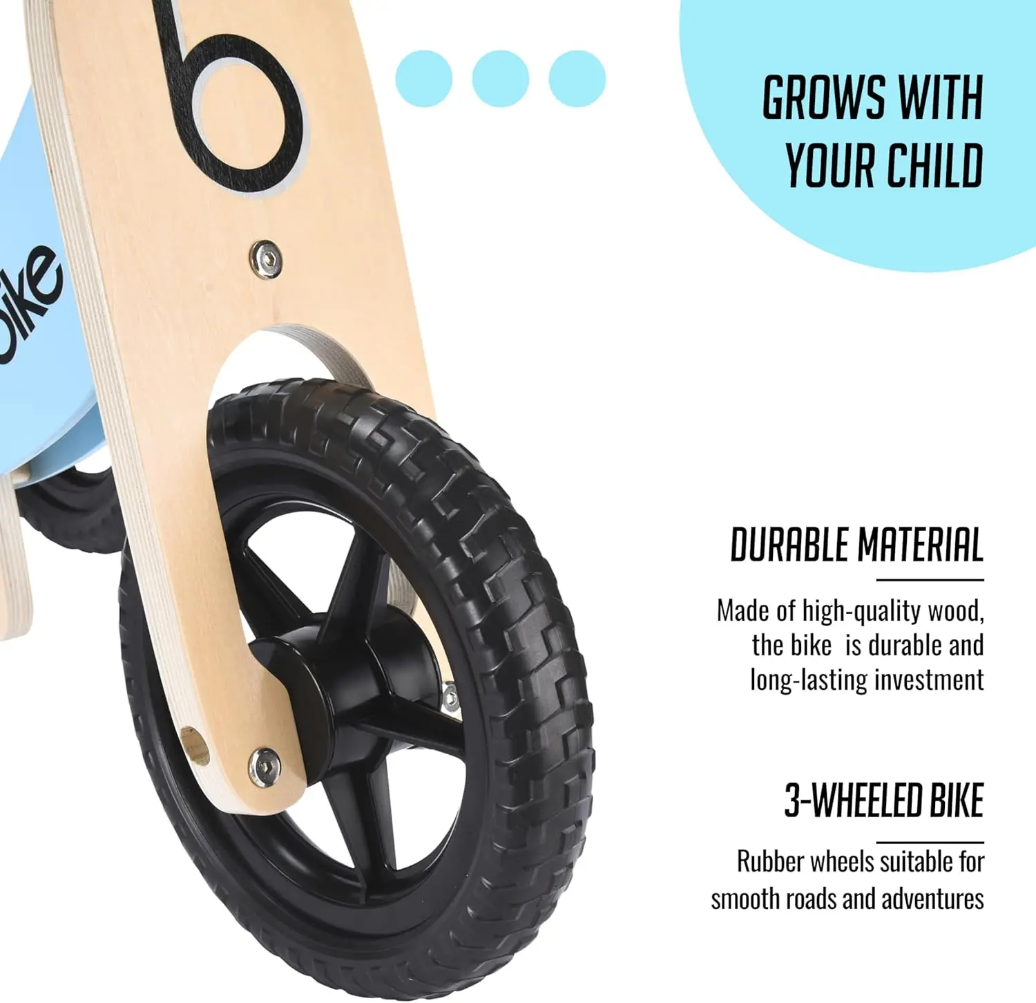 Rowerek biegowy drewniany dla malucha - Bez pedałów - Trójkołowy - Opony odporne na przebicia - Ergonomiczny i wytrzymały - Gładkie uchwyty - Poprawia