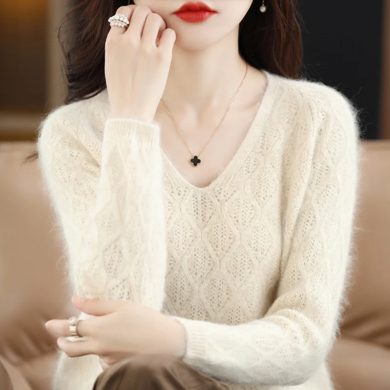 100% Mink Cashmere Women\'s Sweater Knitted Long Sleeve Pullover V-Neck Loose Underlay Soft Fashion Women\'s Top