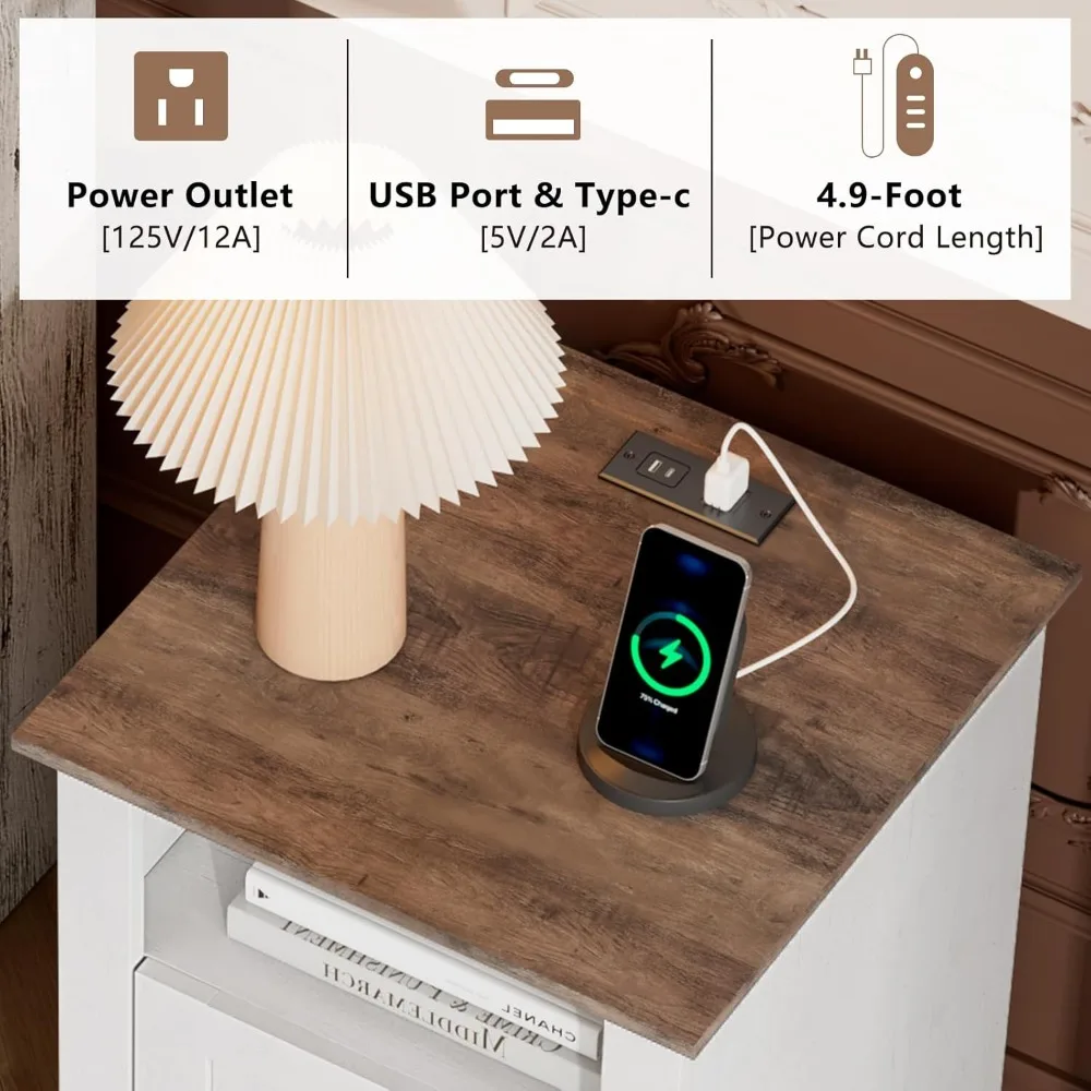 منضدة مع قاعدة شحن، وطاولة جانبية للمزرعة مع درج تخزين بطبقتين ومكعب خشبي مفتوح لغرفة النوم والمكتب، Wh