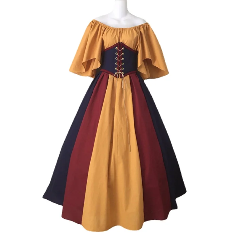 

European Medieval Retro Color Contrast Patchwork Flying Sleeves Lace-up Cinched Swing off-the-Shoulder Gown Dress for Women