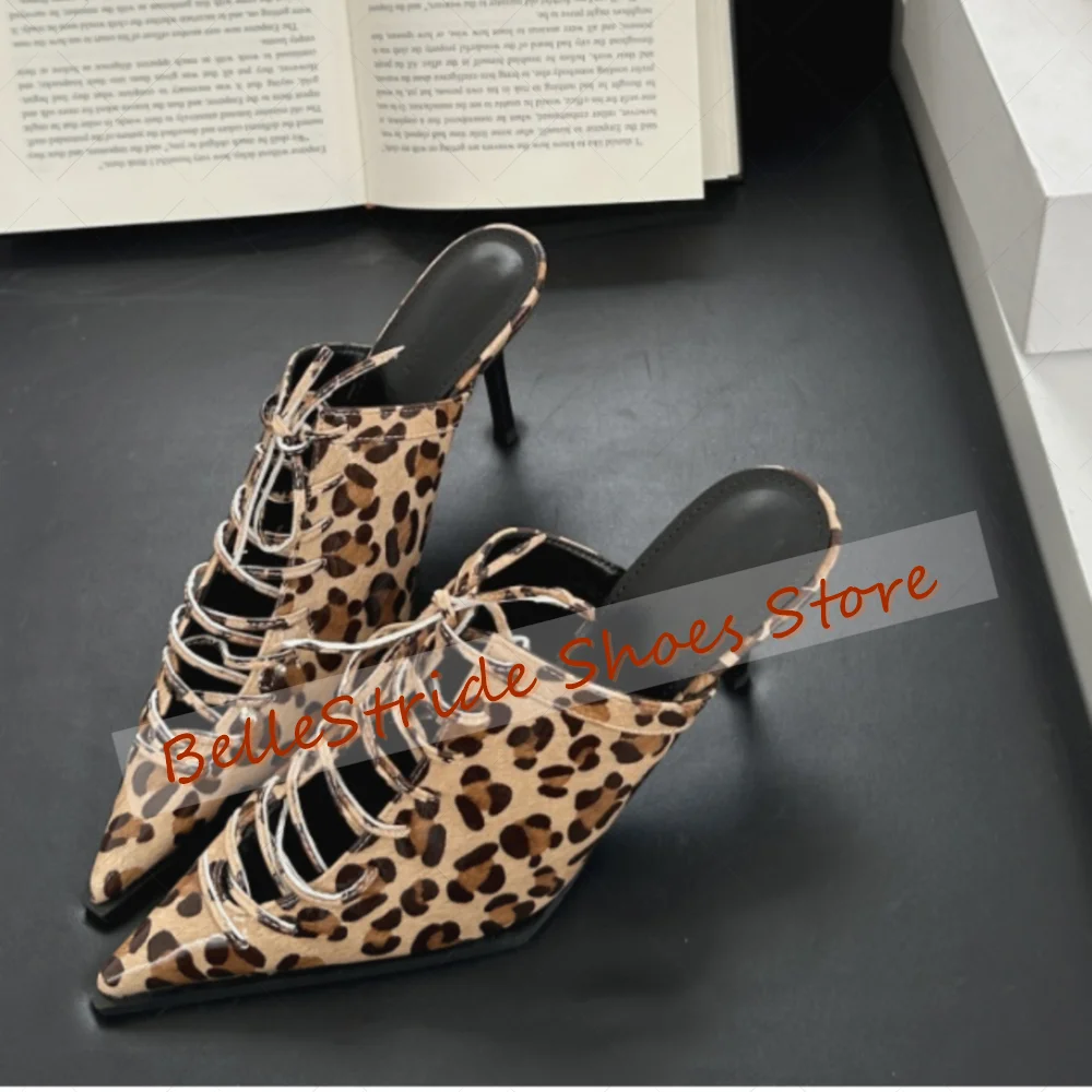 

Leopard Lace up Pointed Toe Slippers Patent leather Women Shoes Thin High Heels Party Banquet Dating 2025 Zapatos Para Mujere