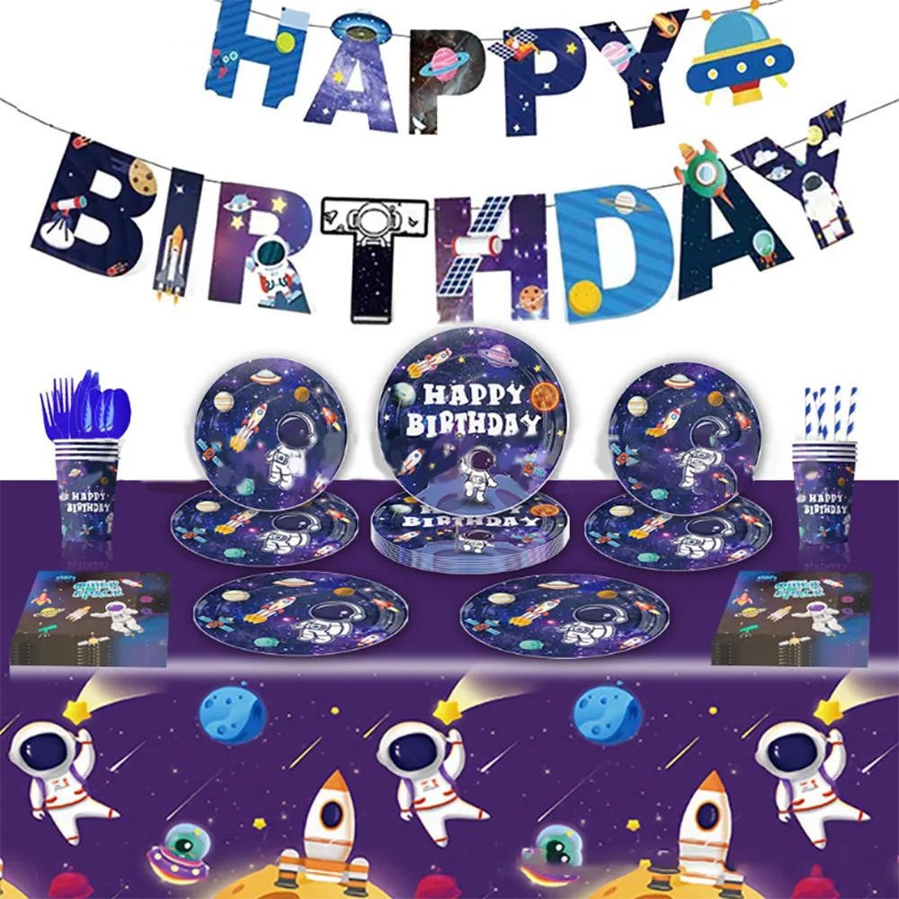 Space Astronaut Birthday Disposable Tableware Space Universe Plates Cups Napkins Banner Boys Planet Space Theme Party Decoration