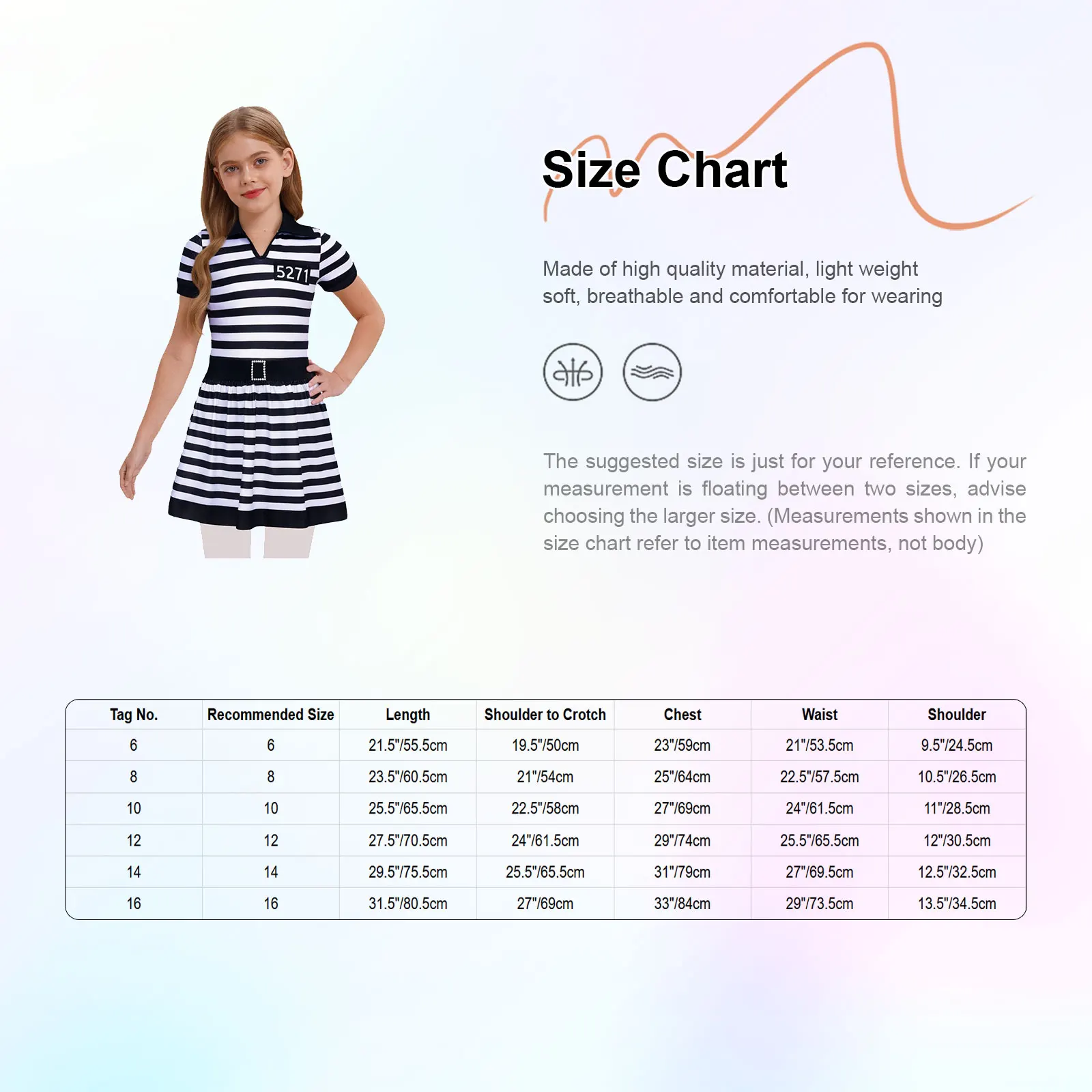 Kids Girl Striped Dress Prisoner Cosplay Costume Turn-down Collared V Neck Short Sleeve Ruffled A-Line Skirt and Convict Caps