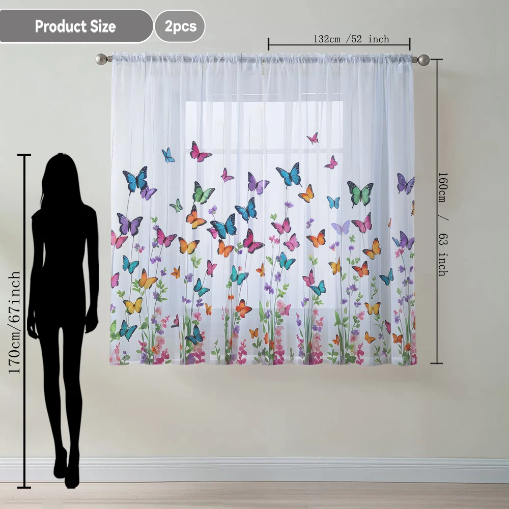 2Pcs Colorful Butterfly And Wild Flower Cluster Print Home Decoration Window Screens Suitable For Coffee Shops, Restaurants