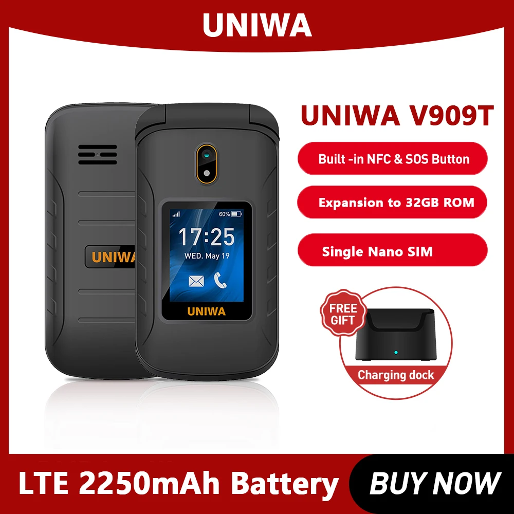 UNIWA V909T Big Push-Button 4G Flip Phone Dual Screen 0.3MP Camera FM Radio Russian Hebrew Keyboard 2250mAh Clamshell Cellphone