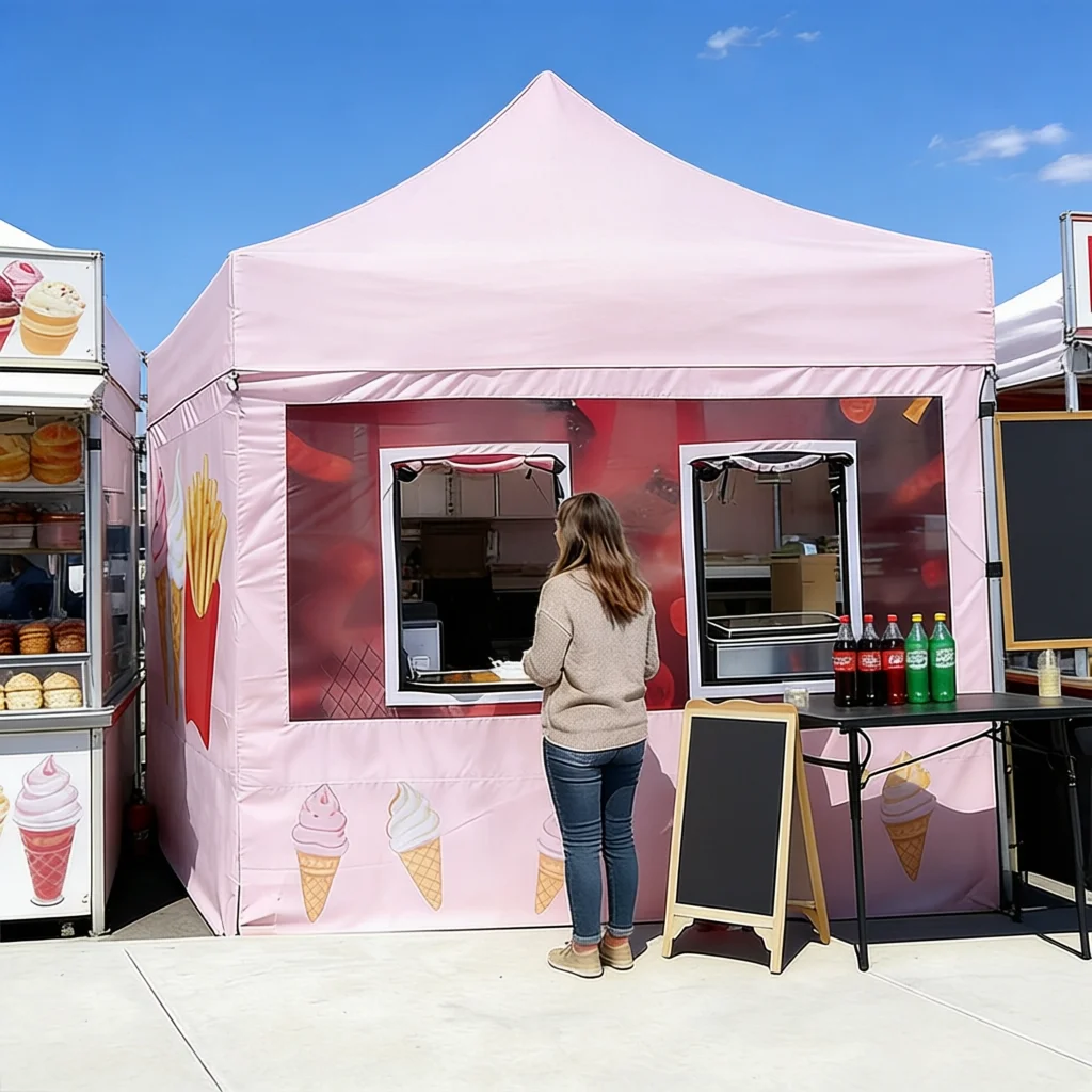 Food Stall Tent Custom Printed 10x10 Pop up Canopy Tent for Outdoor Market Branded Ice Cream Booth Tent with Full Wall Graphics