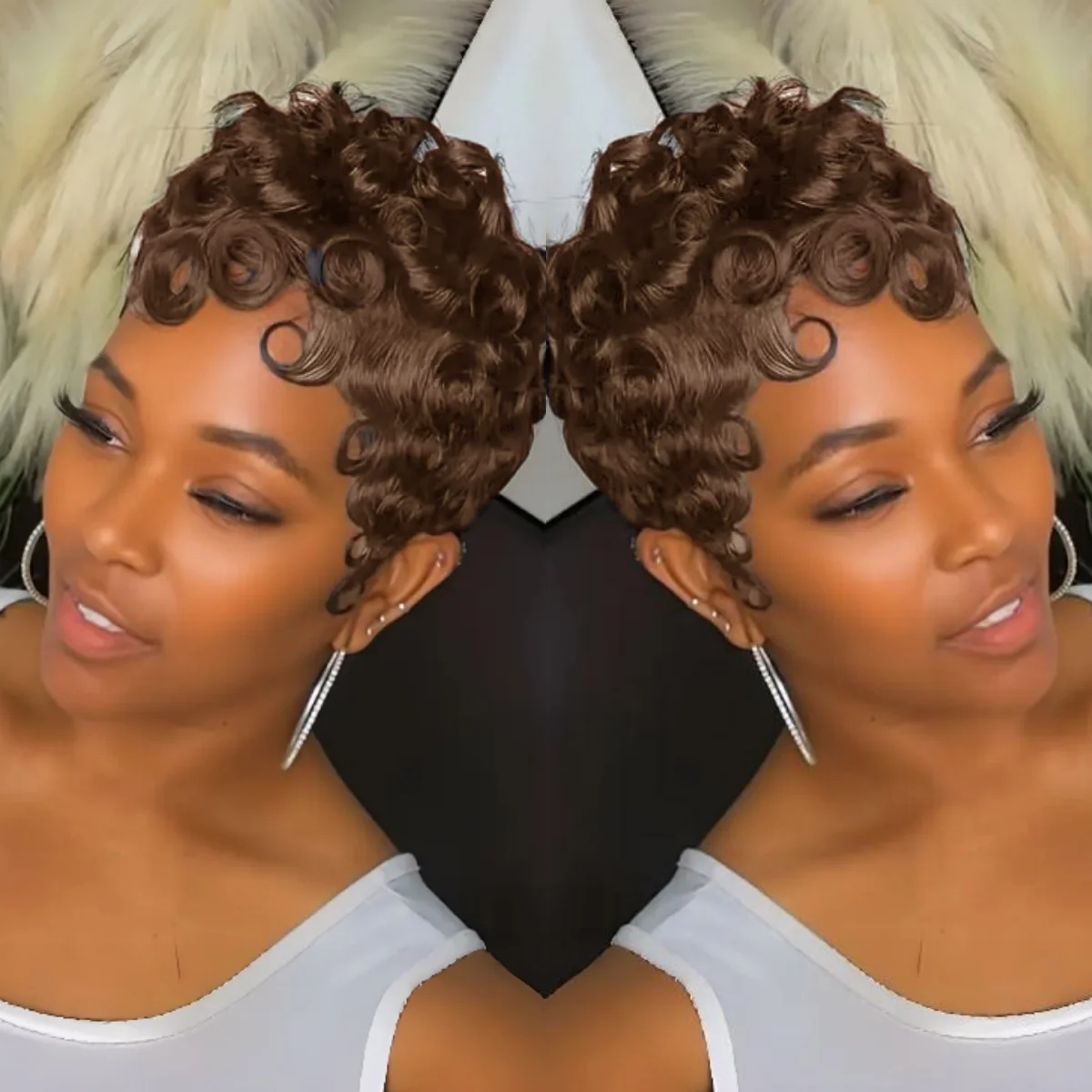 ショートレイヤードピクシーカット人毛ウィッグ（前髪付き）カラフルサマーフルマシンメイドウィッグ