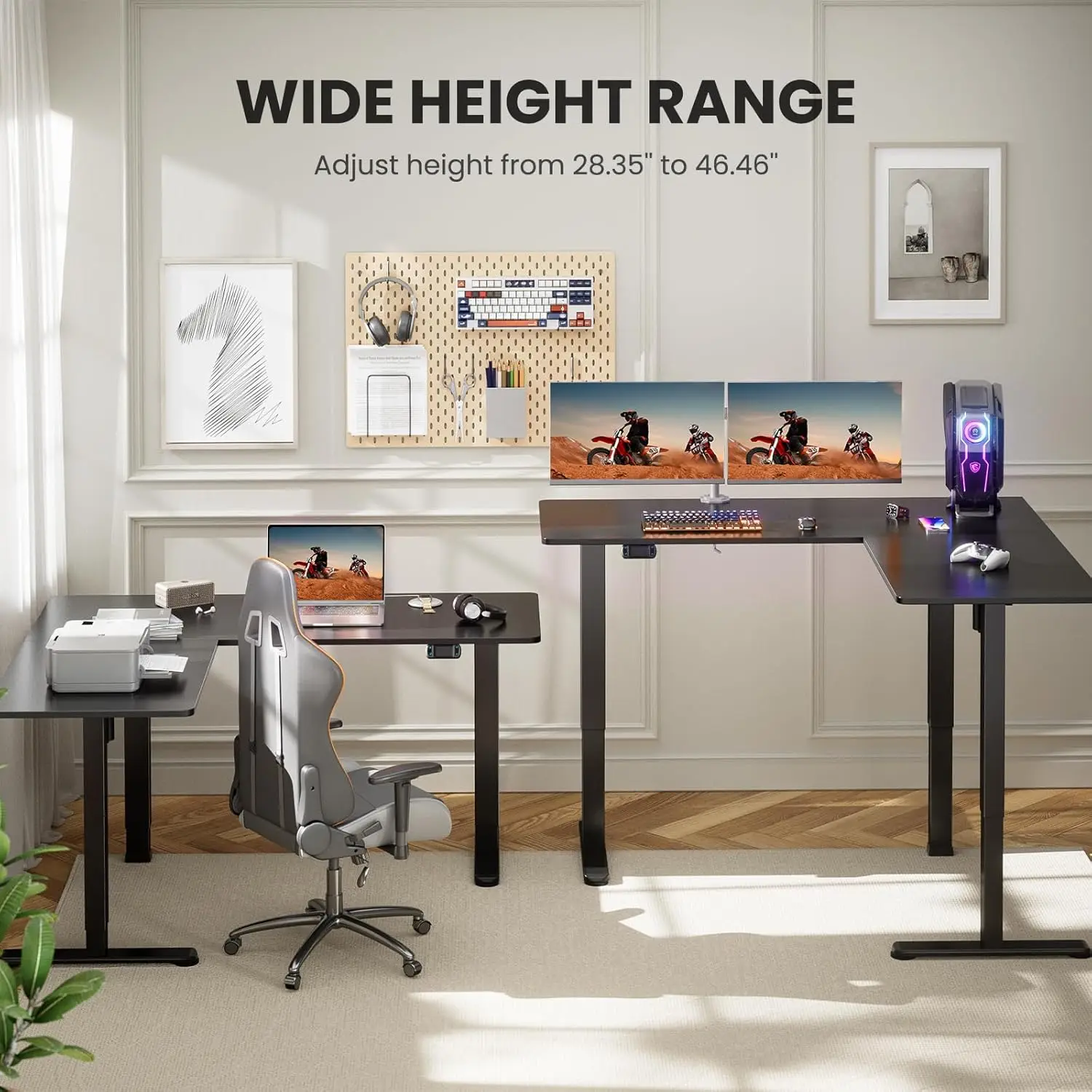 L-Shaped Electric Standing Desk, 63 inches Double Motor Height Adjustable Sit Stand up Corner Deskk