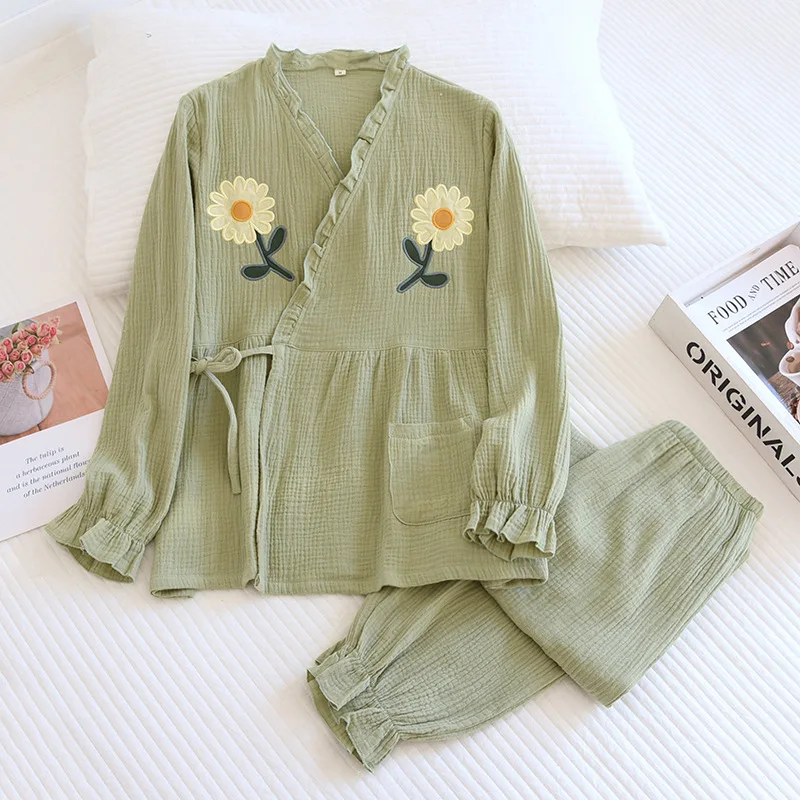 Spring and summer new Japanese kimono two-piece set ladies 100% cotton crepe pajamas long-sleeved trousers set loose home wear