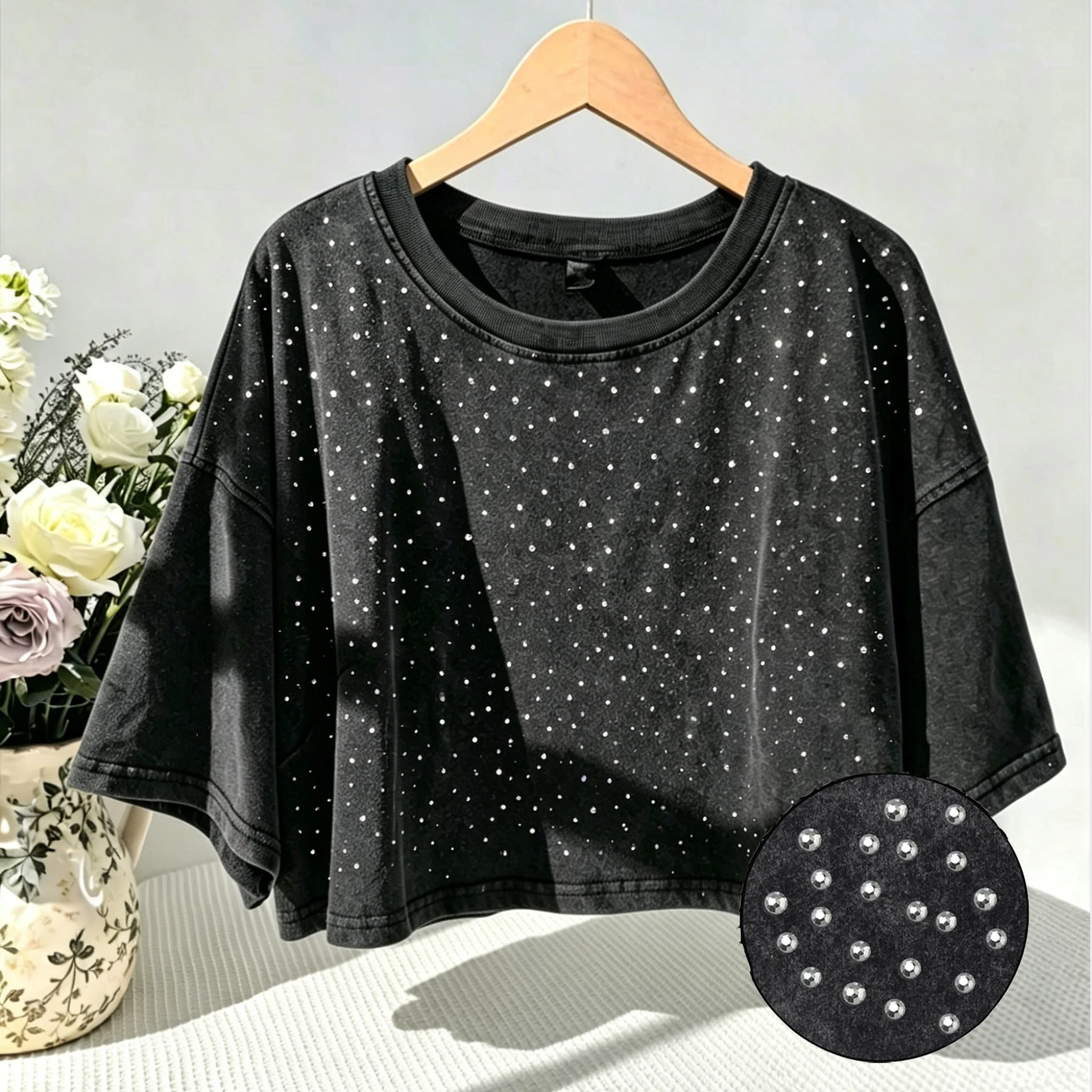 Summer Womens Washed T-Shirts Y2k Trend Diamond Cotton Crop Tops Casual O-Neck Short Sleeve Tees Basic Vintage Womans Clothes