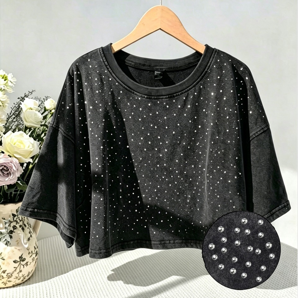  Summer Womens Washed T-Shirts Y2k Trend Diamond Cotton Crop Tops Casual O-Neck Short Sleeve Tees Basic Vintage Womans Clothes 