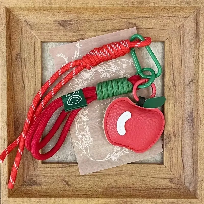 Green Apple Theme Bag Charm With Woven Nylon Rope Pendant Fashionable Keychain For Women Hanging
