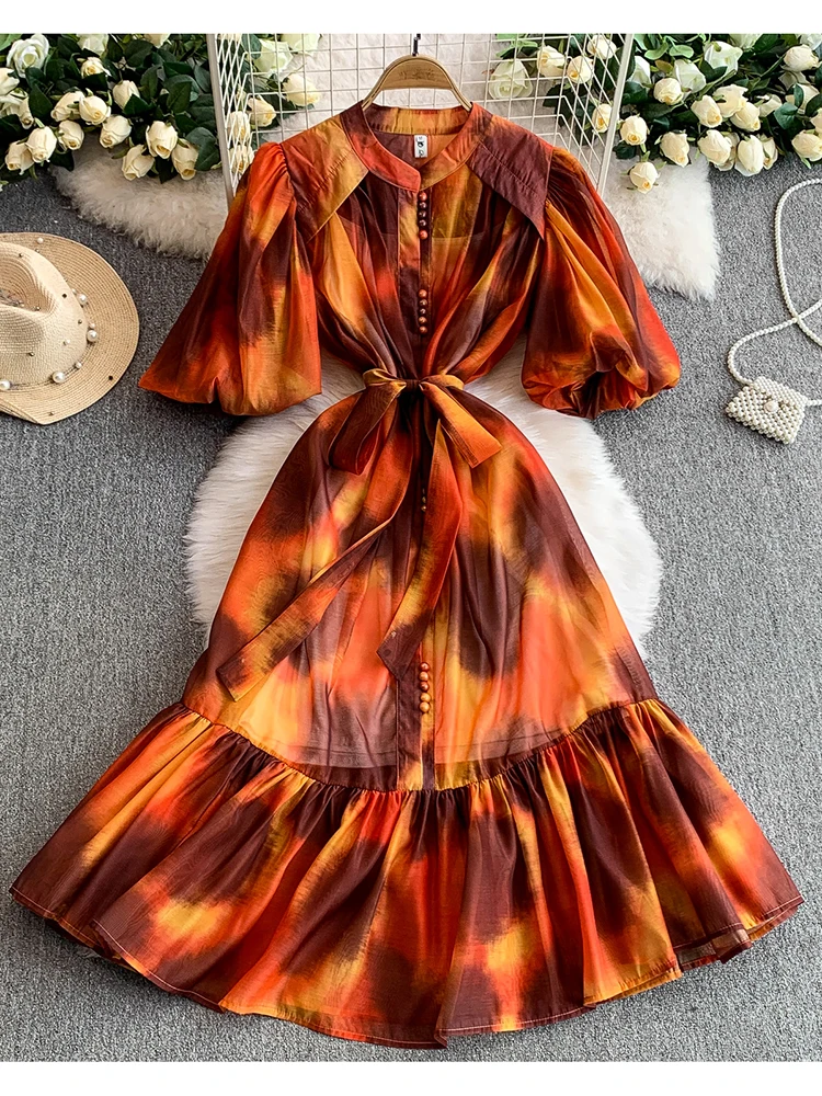 

Женское летнее новое легкое роскошное европейское высококачественное платье с рукавами-пузырьками и бретелями, элегантное вечернее платье с завязкой на талии S78