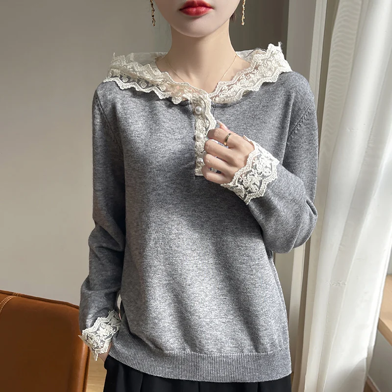 

Lace Hooded knitted sweater Female Fashionable Soft Comfortable Pullover Autumn Winter New Lace Splicieng Blouse Andy Wool Tops