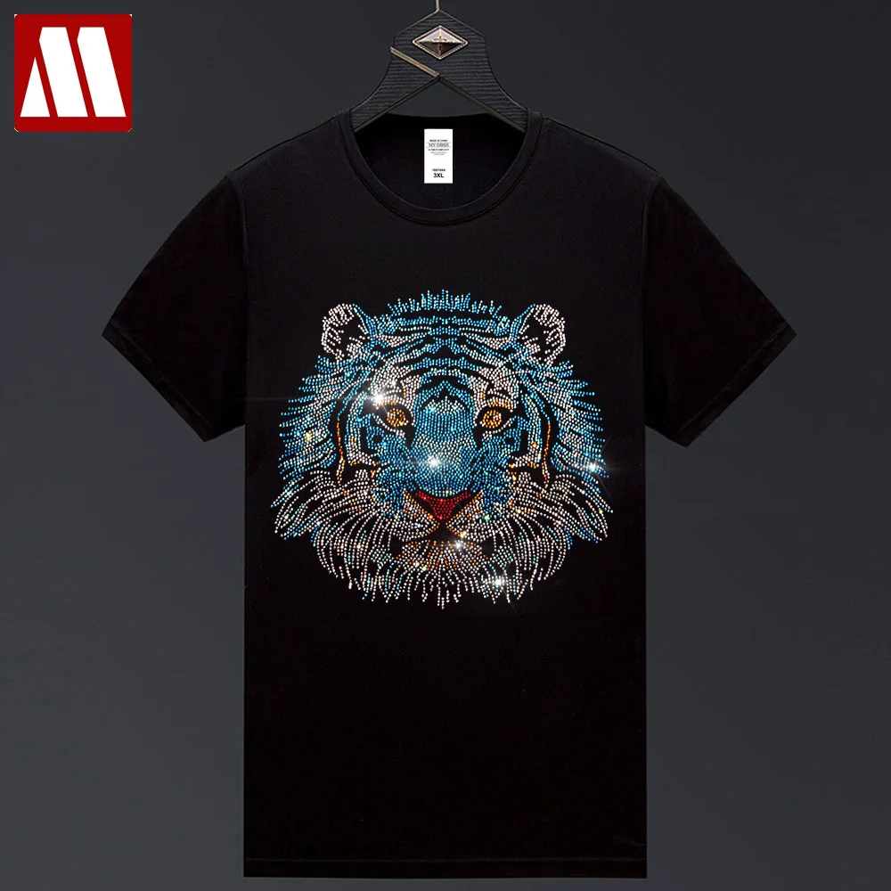 

Футболка унисекс с бриллиантами и тигром для мужчин и женщин, хлопковые футболки с короткими рукавами и принтом со стразами, футболки, модная мужская одежда