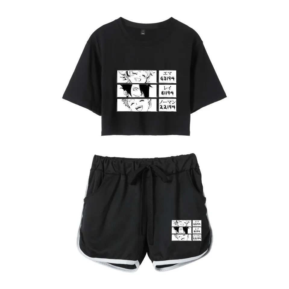 Fashion Youthful The Promised Neverland Print Short Sleeve Sexy Shorts+lovely T-shirts Dew navel Pretty Girl suits Two Piece Set