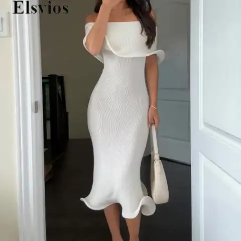 Sexy Solid Lotus Edge Midi Dress Elegant Princess One Shoulder Slim Party Dress 2024 Women Shawl Sleeve Bodycon Tube Tops Dress
