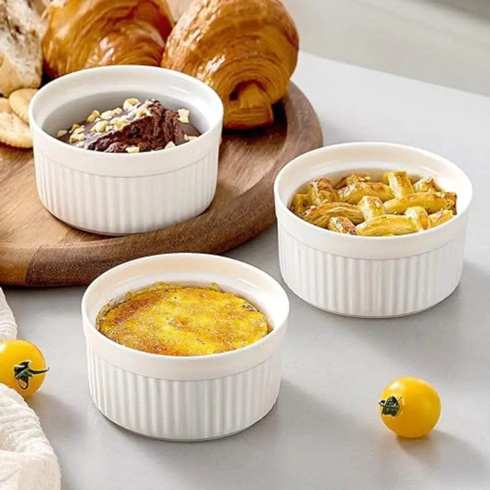 6pcs Kitchen Containers 8 Oz Ramekin with Lid High Temperature Resistant Pudding Cup Porcelain White Steamed Egg Bowl Oven