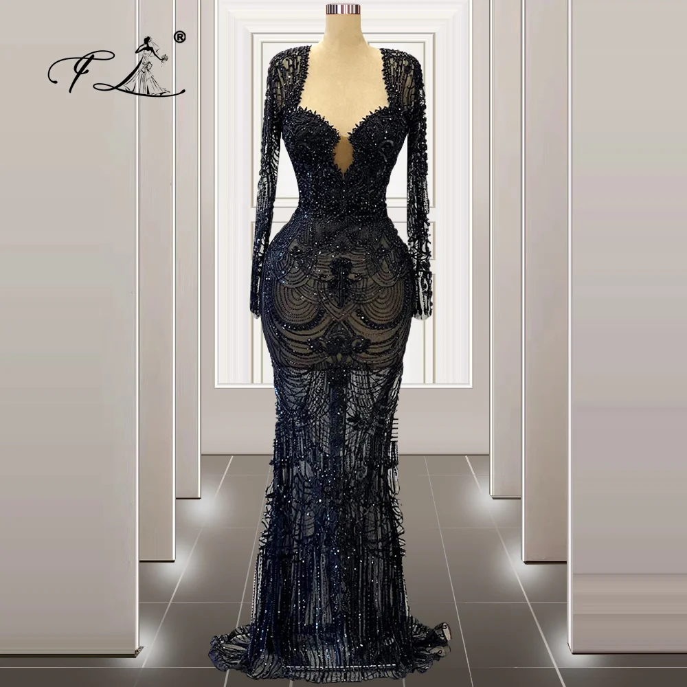 Floria Mermaid Sexy Navy Blue Long Sleeves Evening Dress With Beaded for Prom Gowns Sweep Train Customized