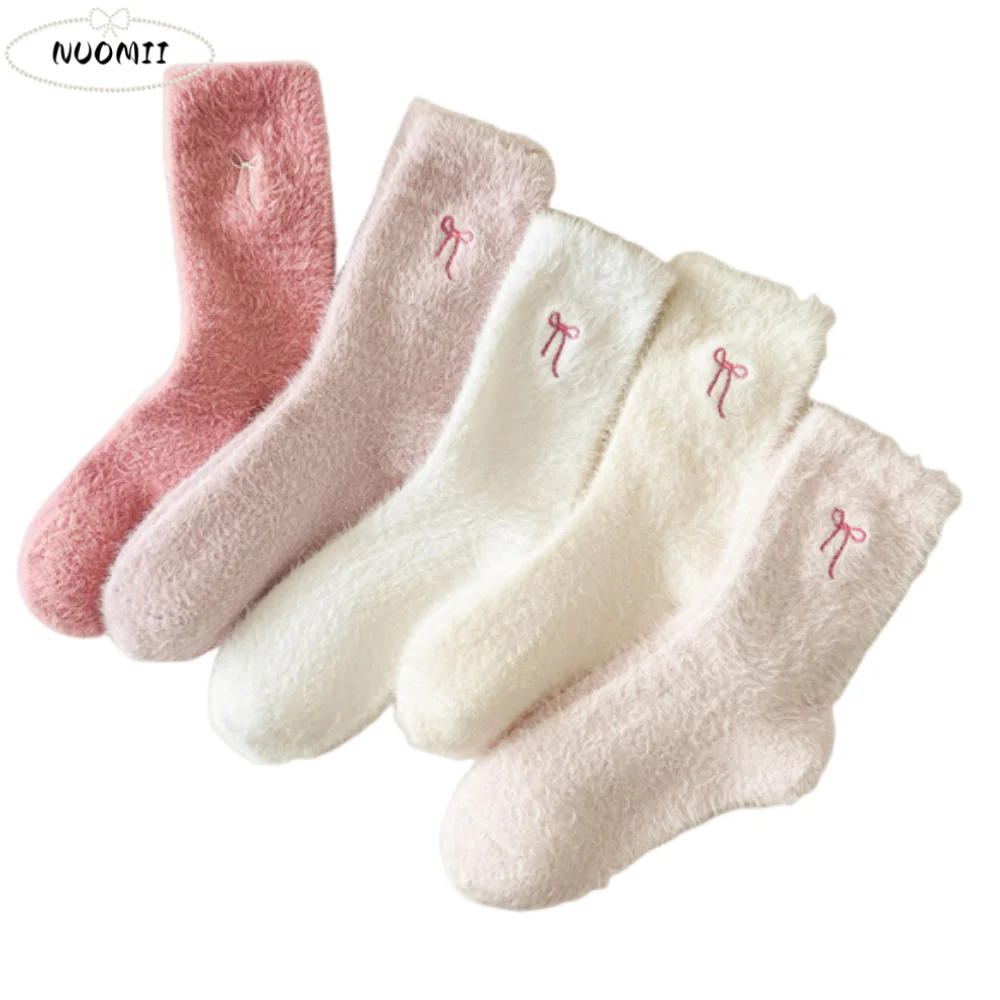 

5 пар милых розовых женских утепленных носков с бантом, мягкие удобные плюшевые носки для сна, милые однотонные теплые домашние носки для домашнего использования