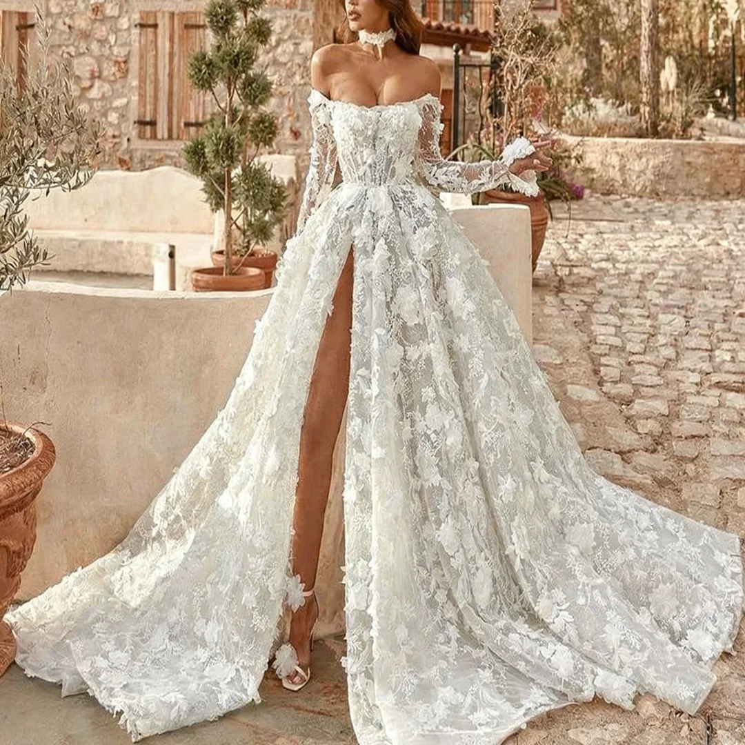 

Элегантные свадебные платья трапециевидной формы по индивидуальному заказу, свадебное платье с 3D цветком и длинными рукавами, вечерние платья для выпускного вечера невесты