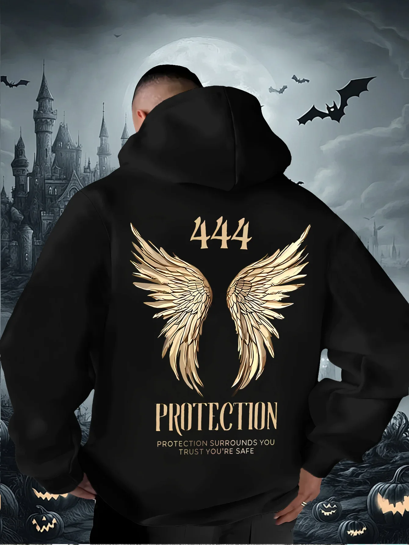 Trending 444 Protection Golden Angel Wings Graphic Hoodie Men Women Spiritual Back Print Loose Sweatshirt