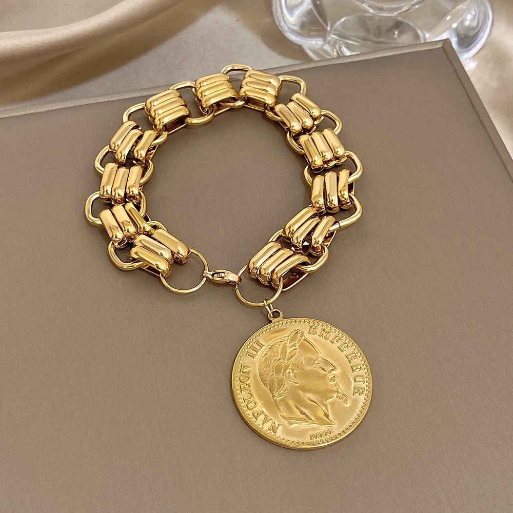 

Luxury Stainless Steel Thick Chain Bracelet Women Punk Statue Coin Pendant Charm Hand Bracelet Waterproof Hand Jewelry Gifts