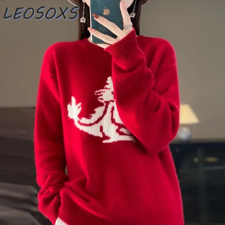 Long Sleeve New Year Red Sweaters Autumn Winter O-Neck Women Knitted Tops Pullover Cashmere Clothing Basic Knitwear