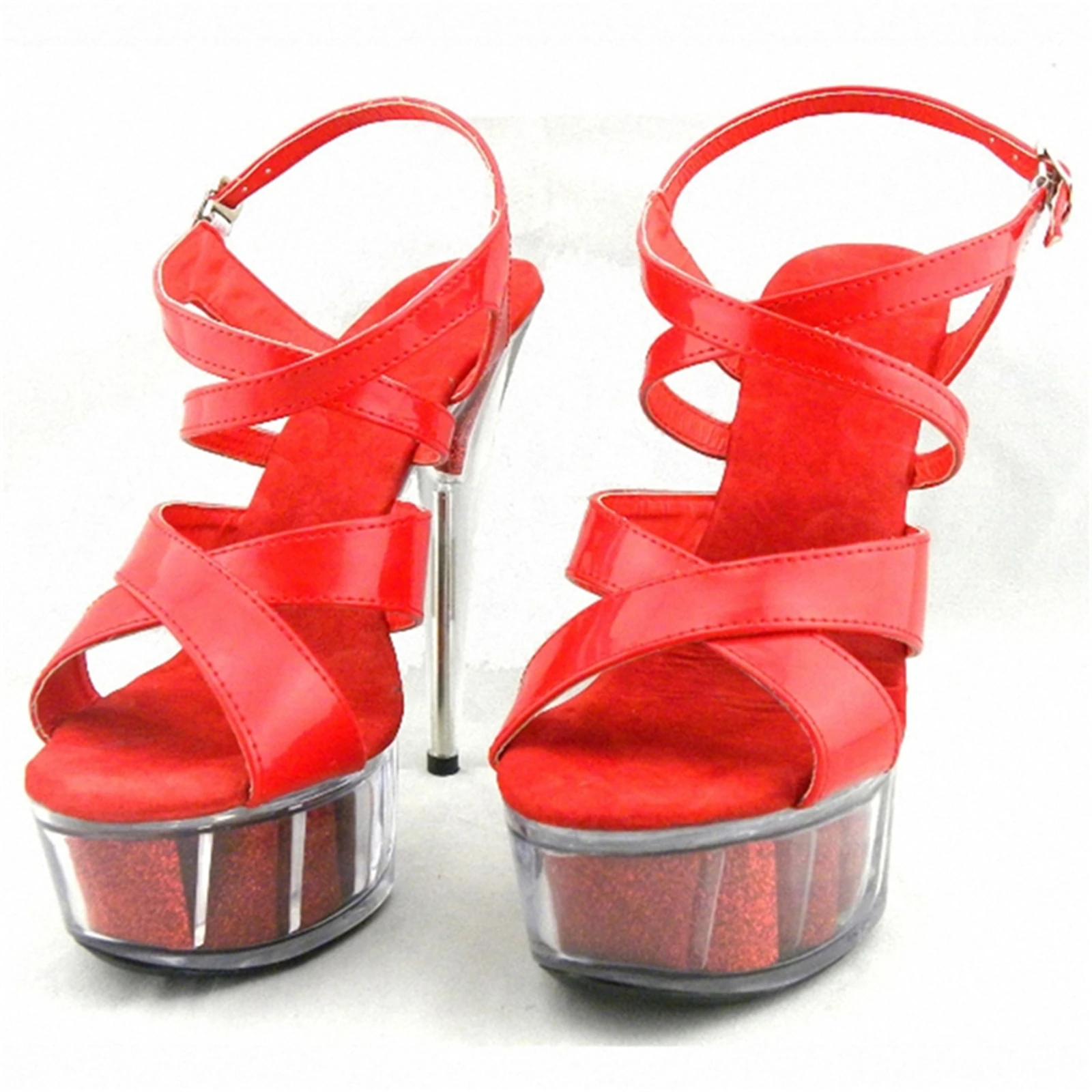 

Клубные массивные красные босоножки на каблуке 15 см, прозрачная платформа, лакированная кожа на шпильке, пикантная женская обувь с перекрещивающимися ремешками