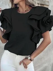 UOOZEE 2024 New Female Fashion Ruffle Sleeves T-Shirts Women Black White Color Round-Neck Loose Casual Going Out Tops