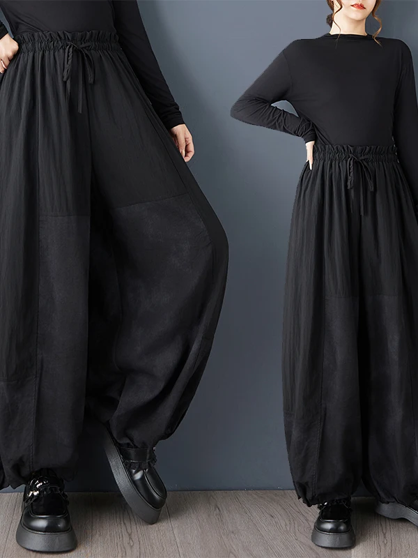 Pantalones de pierna ancha a la moda, temporada de otoño 2025, pantalones informales cómodos elásticos de cintura alta versátiles con corte holgado y teñido atado