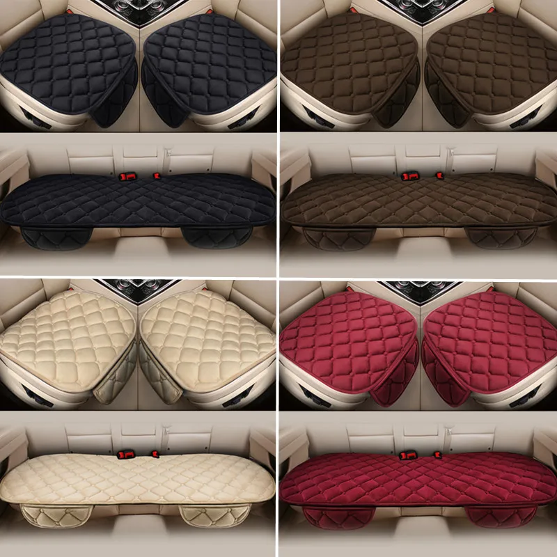 Short plush car seat cushion three-piece set, diamond-patterned, thickened for warmth, velvet, no-tie design, small size