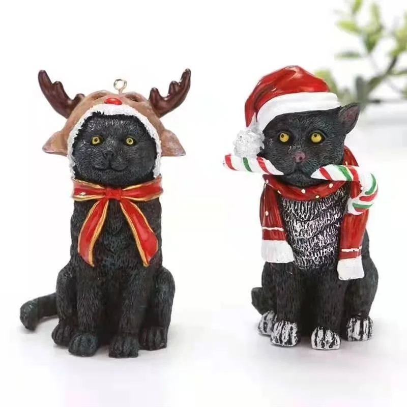 Navidad Cat Sculpture Pendant Resin Craft Figurines Hanging Decorations for Desktop Xmas Tree Christmas Holiday Party Home