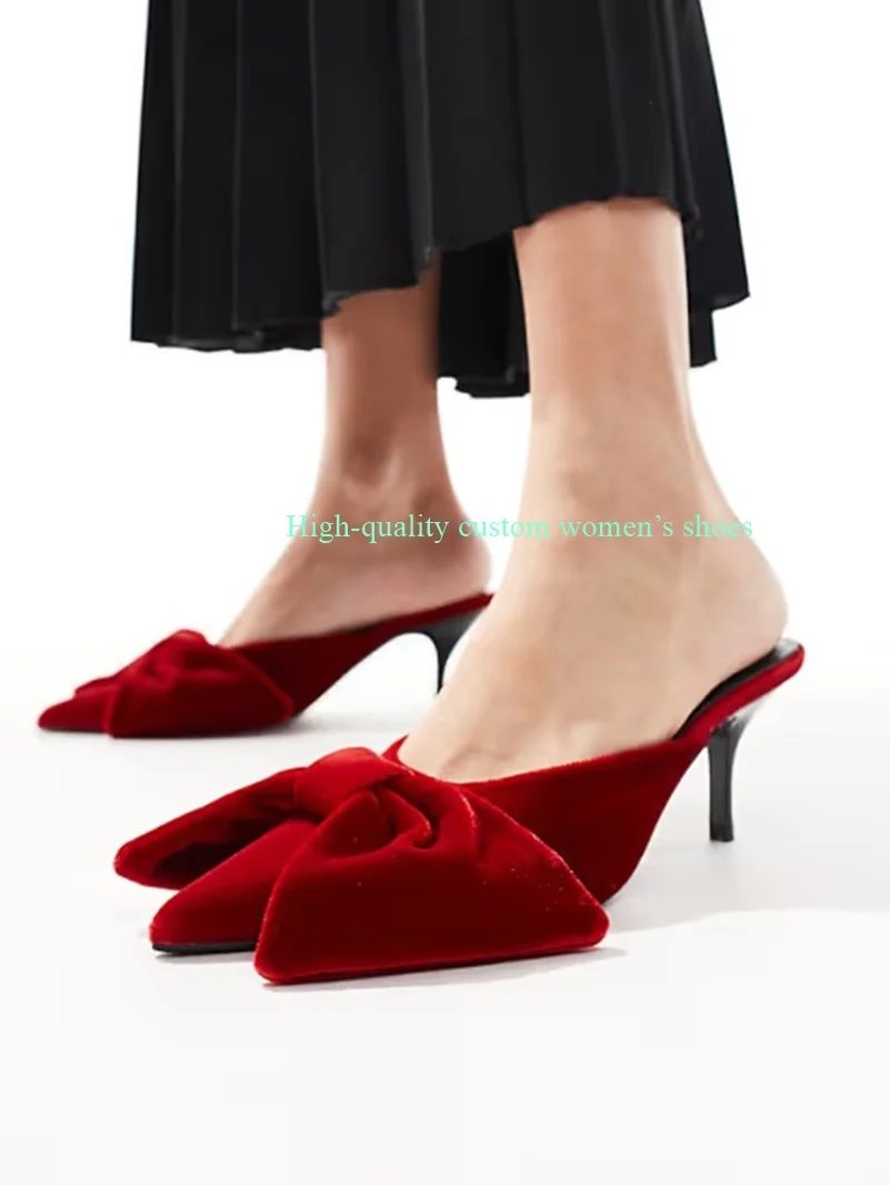 Red Velvet Fabric Pointed Bow Decoration Luxury Sandals Shallow Stilettos Slip-on Banquet Slippers  Luxury Women's Shoes