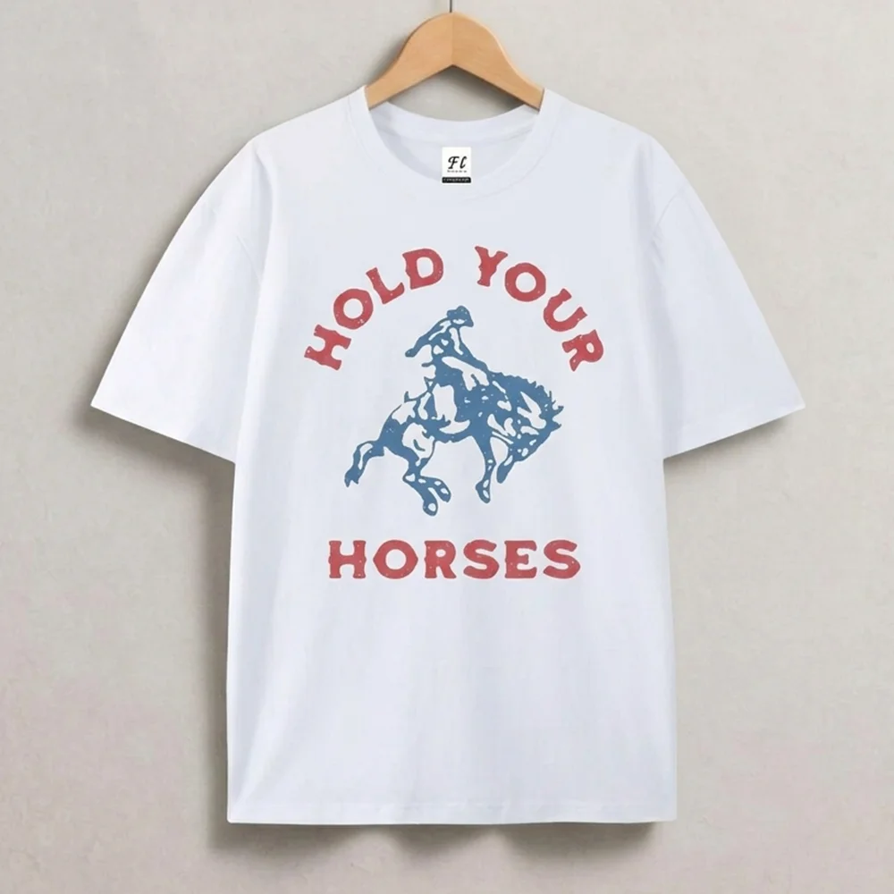 Women Western Country T Shirt Hold Your Horses Cowboy Graphic Tee Vintage Aesthetic Summer Casual Loose Cotton Short Sleeve Tops