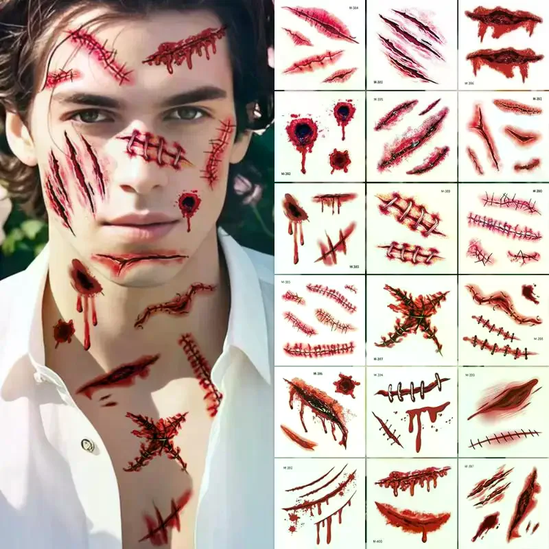 20 Sheets 3D Realistic Scar Tattoos - Waterproof Fake Bloody Wound Stickers For Halloween Cosplay Face & Body Makeup Adults​​